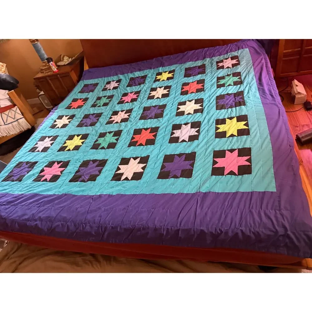 Vintage Handmade Patchwork Quilt King Size Hand Sewn Colorful Star Geometric